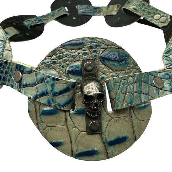 THOMAS WYLDE Croc Embossed Gladiator Leather Belt With Skull Made In USA Med main image 9